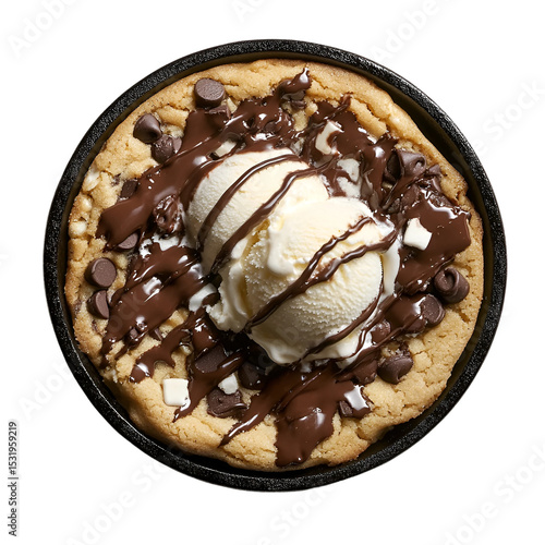 Warm chocolate chip cookie skillet plate isolated on white background