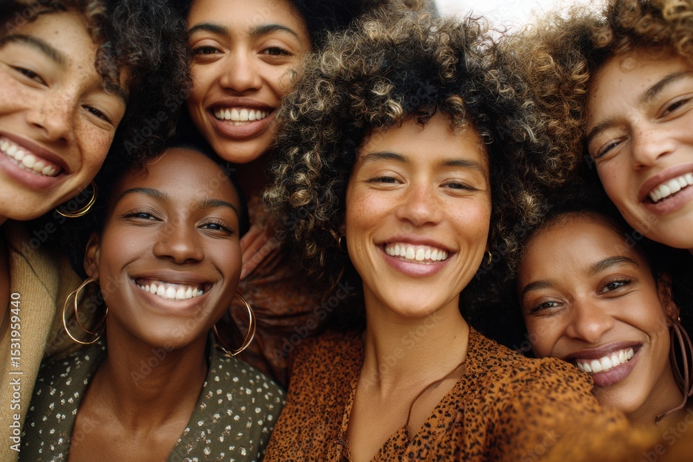 Obraz premium Diverse group of joyful young friends with natural expressions taking inclusive close-up selfie celebrating multicultural connections and authentic bonds