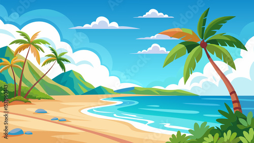 Serene Tropical Beach. Palm Trees. Ocean. and Sunny Sky