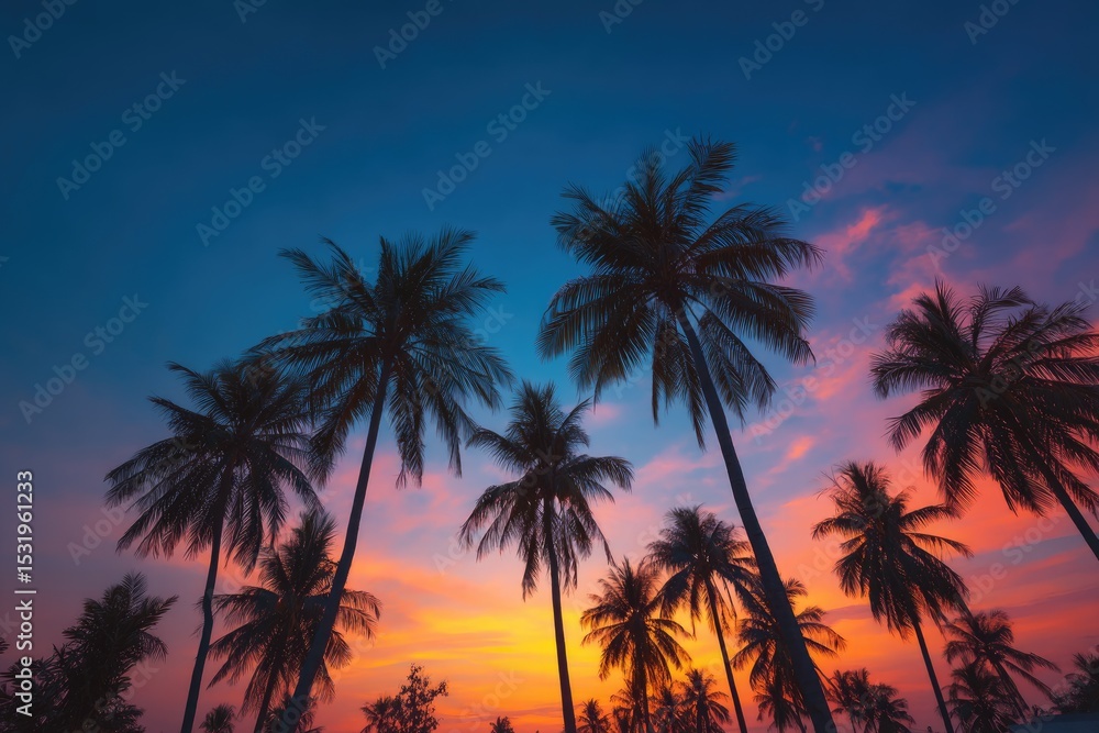 Silhouetted palm trees against a vibrant sunset sky Silhouetted palm trees against a vibrant sunset sky