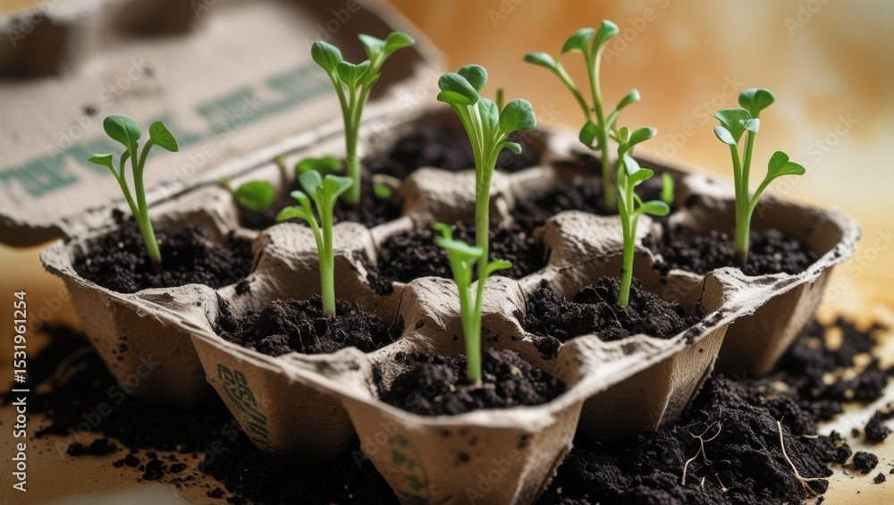 Seedlings sprout from soil-filled egg carton Seedlings sprout from soil-filled egg carton