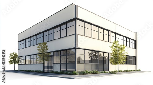 Fototapeta Naklejka Na Ścianę i Meble -  A modern, two-story commercial building with white exterior walls and large windows, set against a white background with small trees flanking the front