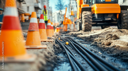 Construction site action urban location infrastructure development busy environment close-up view utility installation for seo strategy
