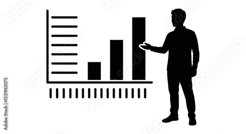 Man presenting a growth bar chart with an open gesture on a transparent background