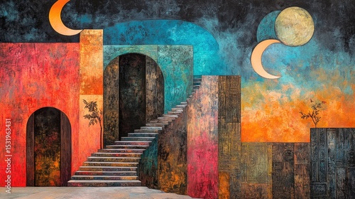 Staircase spiraling into the sky with doors leading to alternate realities, merging surrealism and abstract transitions between worlds.