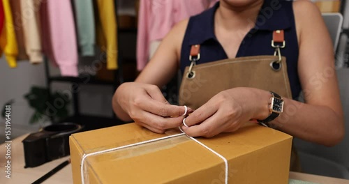 a woman is live streaming to introduce her produce her products to interested customers and also pack the products for customers who have already ordered, parcel, clothing, sale, startup