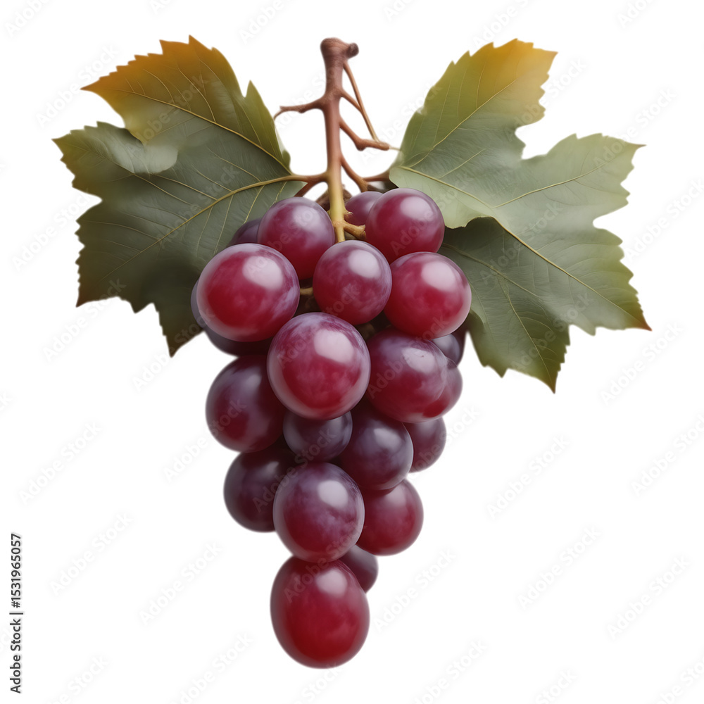 Fototapeta premium A cluster of ripe, juicy red grapes with green leaves.