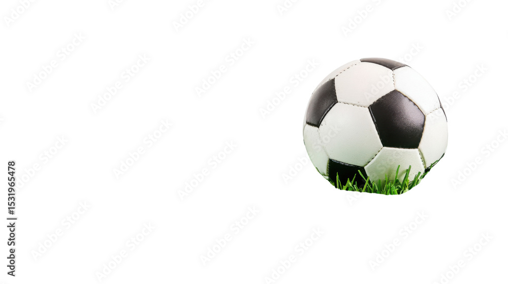 Naklejka premium Classic black and white soccer football ball on fresh green grass patch isolated on white background 