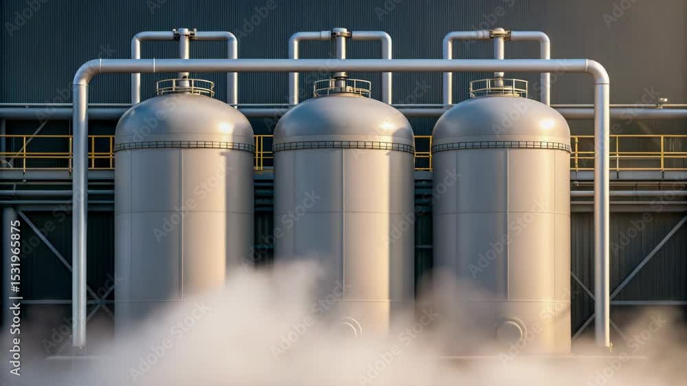 Industrial Plant Steam Rising from Large Metallic Tanks Power Generation Energy Production Manufacturing Facility Industrial Plant Steam Rising from Large Metallic Tanks Power Generation Energy Production Manufacturing Facility