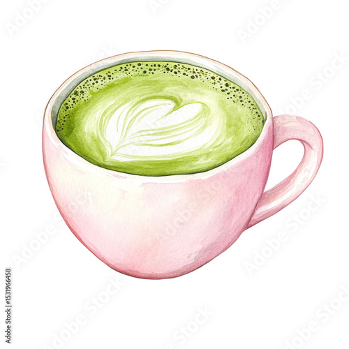 pink matcha cup, matcha latte, matcha drink, green tea cup, watercolor mug, pink ceramic cup, hot beverage illustration, tea clipart, japanese matcha, transparent matcha png, transparent background

