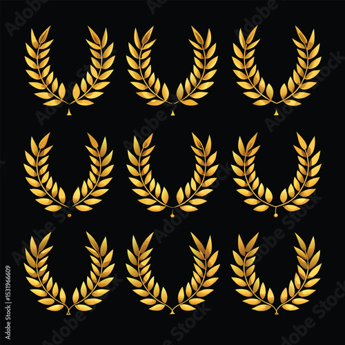 Nine Golden Laurel Wreaths with Subtle Variations in Design