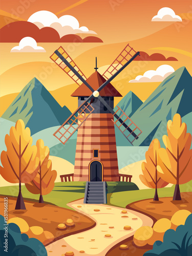 Picturesque Autumn Landscape. Windmill at Sunset