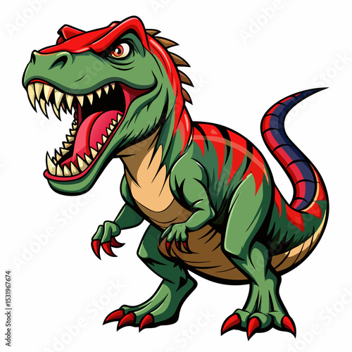 angry dino realistic  design and bold line black , white background ,full  color