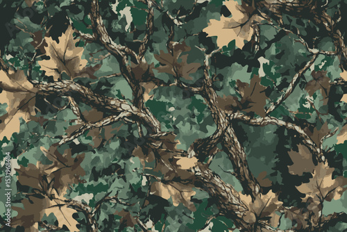 Camouflage seamless pattern. Forest real tree camouflage design. Hunting camouflage.