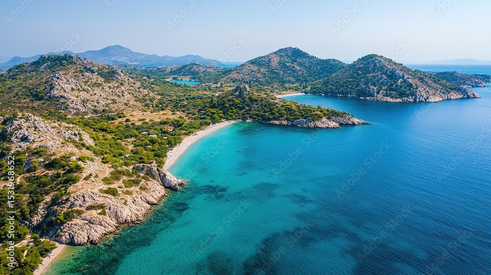 Naklejka premium Aerial view of a scenic coastline with clear turquoise water, sandy beaches, and lush green hills under a bright blue sky.