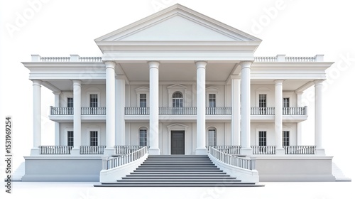 Wallpaper Mural A large, white, two-story mansion with a grand staircase leading to a double door entrance, adorned with columns and a pediment Torontodigital.ca