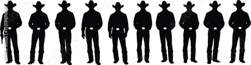 Cowboy silhouette vector illustration, standing western men with belt buckles, traditional cowboy pose, black outline figures in hats, rural country culture, isolated design art