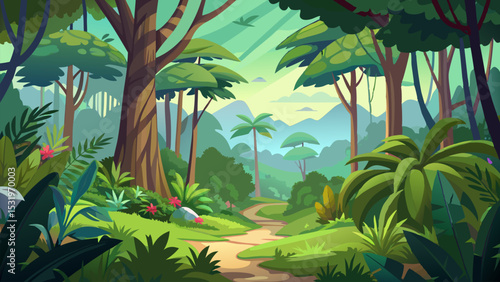 Serene Jungle Landscape. A Picturesque Path Through Lush Tropical Forest