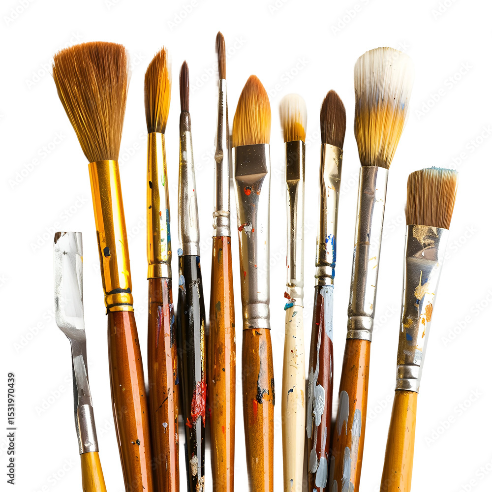 Fototapeta premium Assorted paintbrushes with various bristle shapes and sizes isolated on transparent background