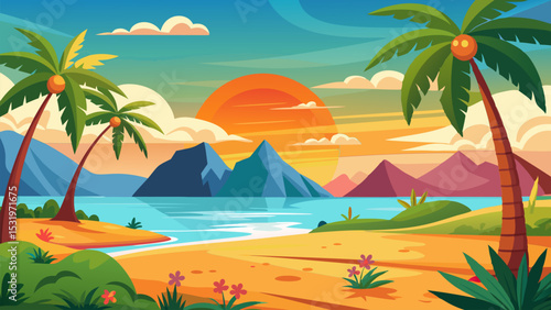 Stunning Sunset over Tropical Beach and Ocean