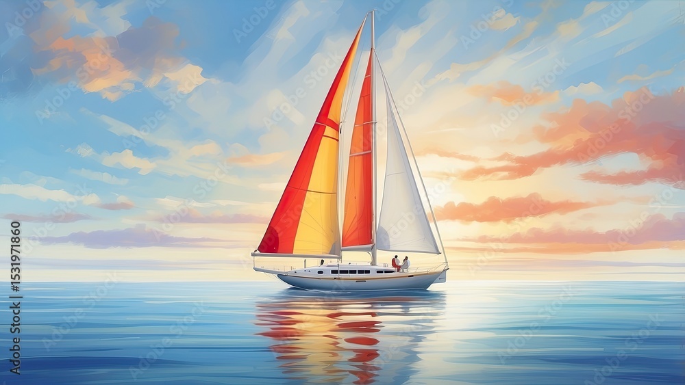Naklejka premium Cloud-Kissed Waters: A Sailboat’s Journey