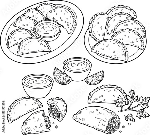 A tempting black and white illustration of empanadas. This food-themed coloring page features the savory pastries served with dipping sauces, lime wedges, and fresh parsley garnish.