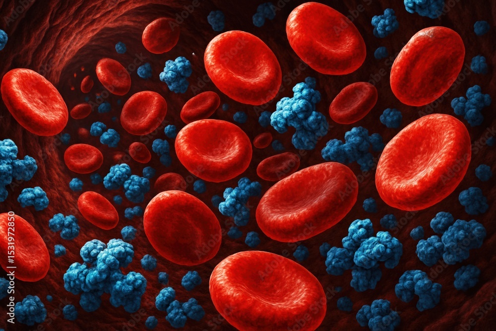 Fototapeta premium Microscopic View Inside Blood Vessel Showing Red Blood Cells and Blue Clusters, Representing Health, Disease, or Scientific Research