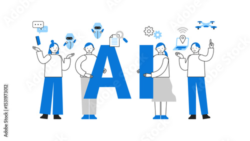 Concept: Problem Solving.  A collection of cartoon character heads of People using AI. Includes face profiles, avatars, and icons. Close-up illustrations of AI-Friendly People.