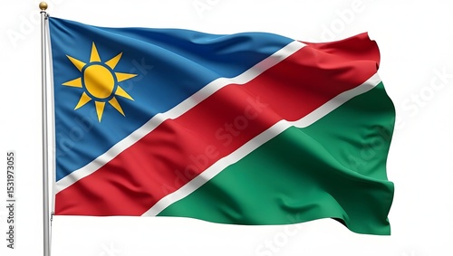 Free Download Photorealistic flag of Namibia. Blue and green triangles with a red diagonal band bordered in white, and a golden sun in the top corner. Isolated on white background. - GFXLoad