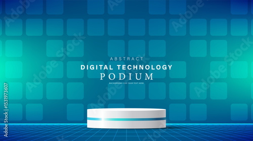 3D product display stand. White geometric platform on blue technology background. Abstract geometric shapes in a simple design. Fashion stage mockup scene. Studio product display. Hi tech digital