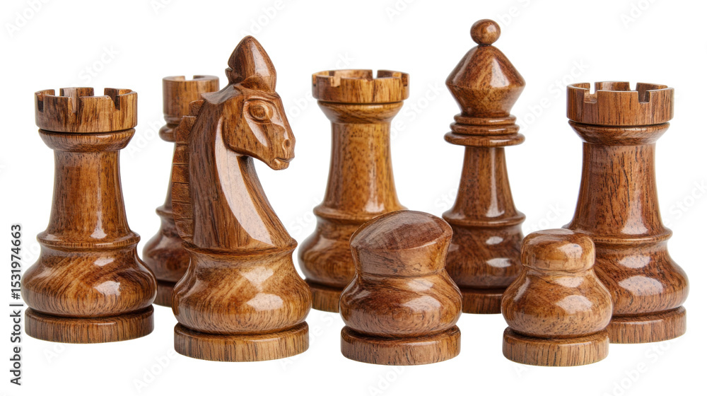Traditional carved wooden chess pieces set for strategy board game isolated on white background
Traditional carved wooden chess pieces set for strategy board game isolated on white background