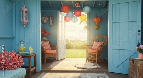 Sunlit She Shed with Colorful Lanterns and Wicker Chairs