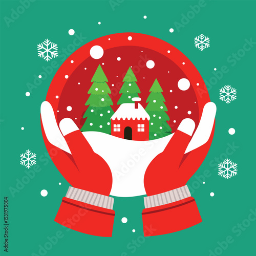 Two Hands Wearing Red Mittens Adorned with White Snowflakes Design