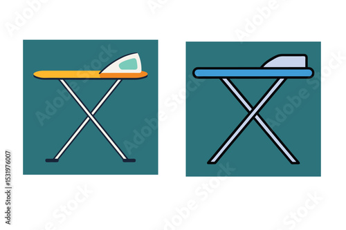 Two stylized ironing boards with irons against teal background for laundry and cleaning.