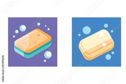 Two isolated cartoonish illustrations featuring cleaning tools with bubbles for hygiene concepts