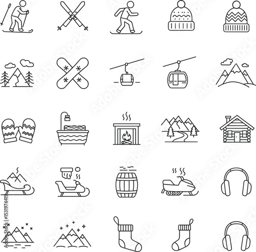 Winter sports and mountain resort line icons set, skiing, snowboarding, cabins, gear, and holiday elements, isolated vector illustration pack