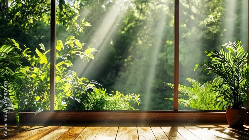 Sunbeams stream through large windows, illuminating lush greenery and a wooden floor inside a tranquil room Sunbeams stream through large windows, illuminating lush greenery and a wooden floor inside a tranquil room