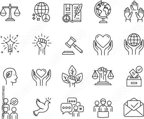 Human rights, peace, justice, freedom, activism, and democracy line icon set, equality and social issues, isolated vector illustration pack