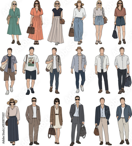Minimalist Vector Illustration of Fashionable Individuals in Stylish Outfit