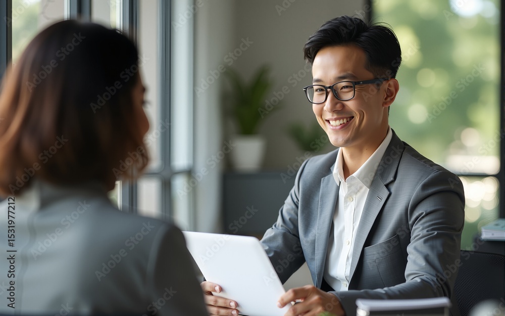 Confident asian office worker discussing work with mature business woman. Blurred background. High quality Confident asian office worker discussing work with mature business woman. Blurred background. High quality