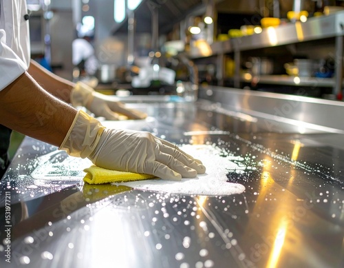 A person wearing gloves cleans a shiny stainless steel surface using a yellow cloth and foamy cleaner in a well-lit industrial or commercial kitchen environment.