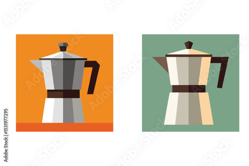 Geometric illustration of two moka pots in different color backgrounds for coffee brewing