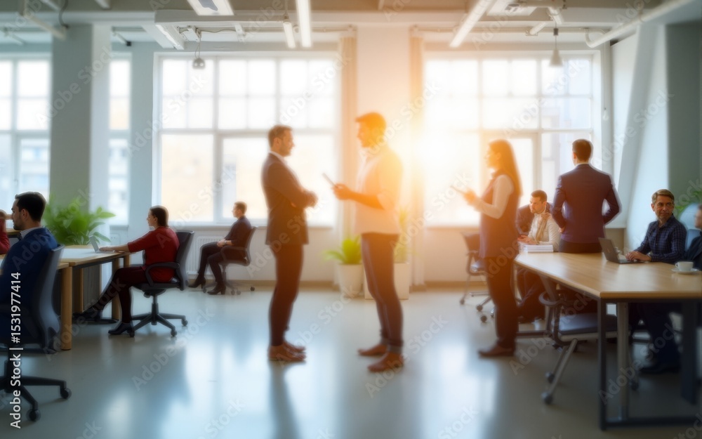 Bright open-plan office with soft lighting, blurred background of people working and discussing in contemporary setting. High quality Bright open-plan office with soft lighting, blurred background of people working and discussing in contemporary setting. High quality