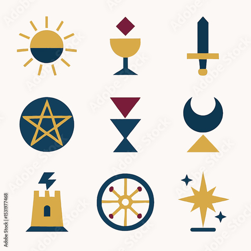 Assorted tarot card symbols in flat design featuring sun, moon, star, and other icons