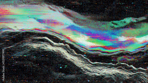 Glitch grainy Abstract smeared Iridescent background, digital texture waves 