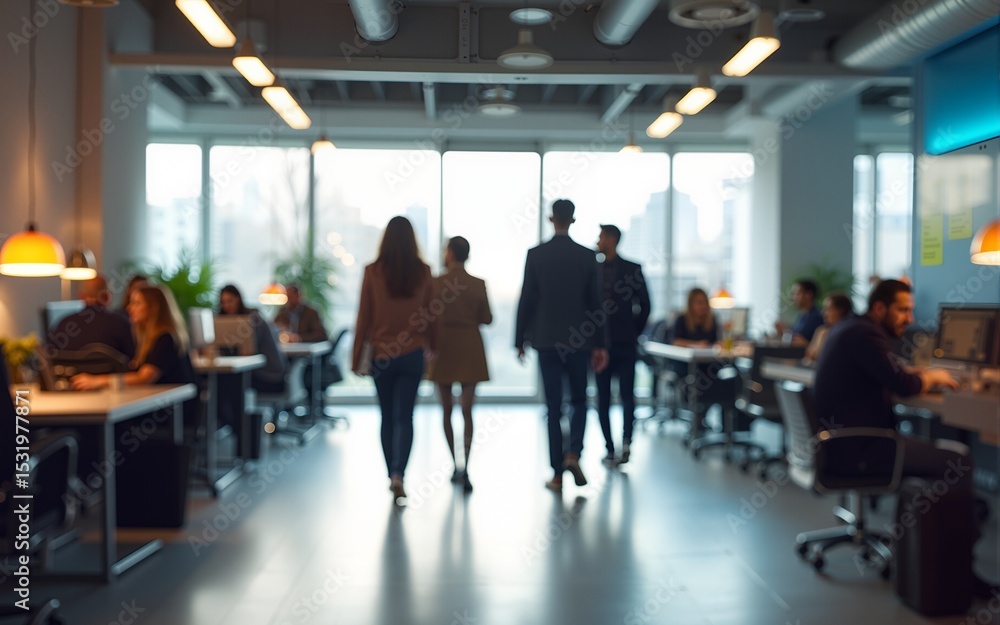 Group of office employees at coworking center. Business people walking at modern open space. Motion blur. Generative AI. High quality