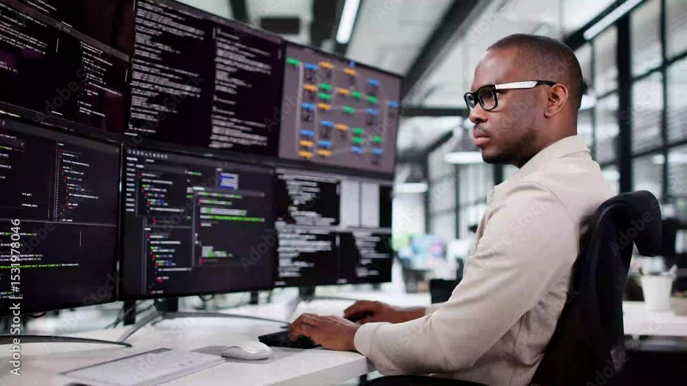 Man Coding Web Software In Office With Mutliple Monitors Man Coding Web Software In Office With Mutliple Monitors