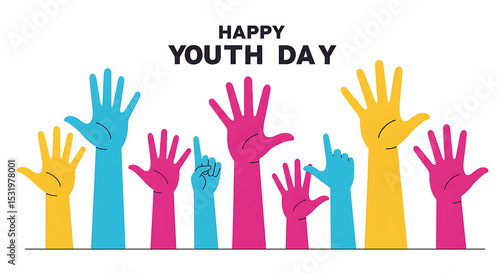 A contemporary flat vector illustration featuring multiple raised hands in various expressive gestures - Set For friendship theme and international youth day