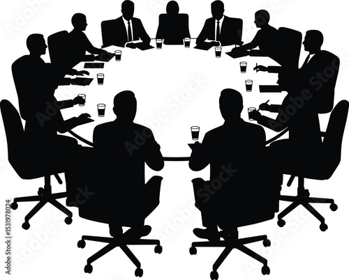 Silhouettes of businesspeople in meeting at round table, boardroom discussion or conference scene, isolated on white background illustration