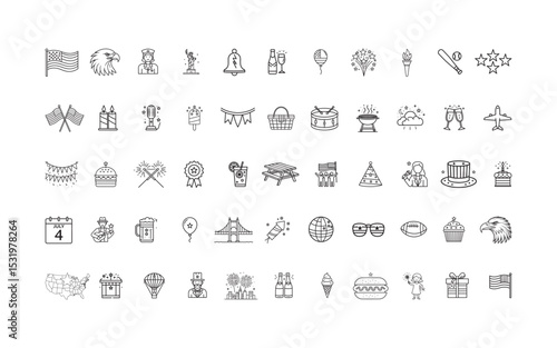 4th of July Icon Set in Line Style – USA Independence Day Symbols, Patriotic Silhouettes, American holiday decor signs linear pictograms package, Editable Stroke 